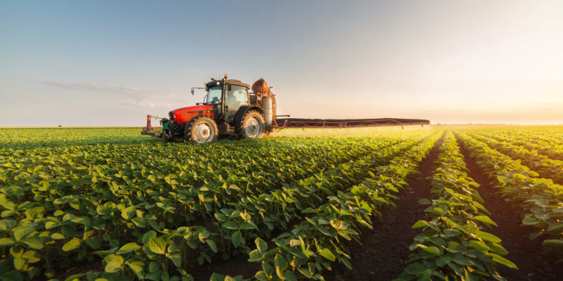 Un tractor fumigador en una plantación.