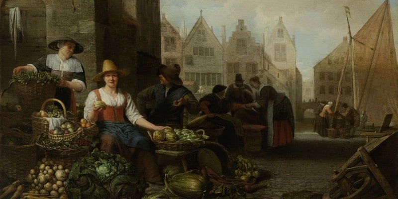 En un mercado del siglo diecisiete los vendedores ofrecen sus productos.