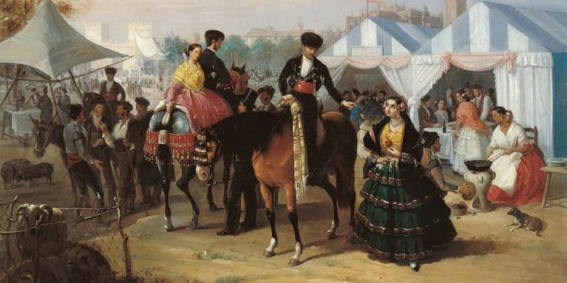 una pintura muestra los personajes típicos de la feria de Sevilla